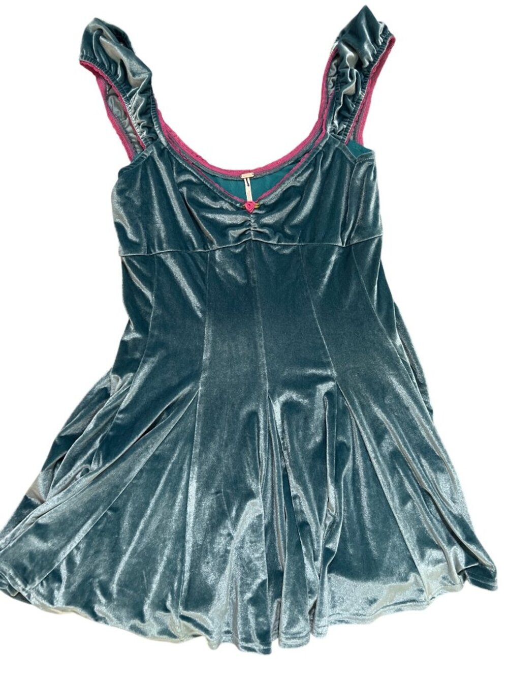 Free People Rose Marie Velvet Mini Dress Turquoise Teal Pink Trim size S small